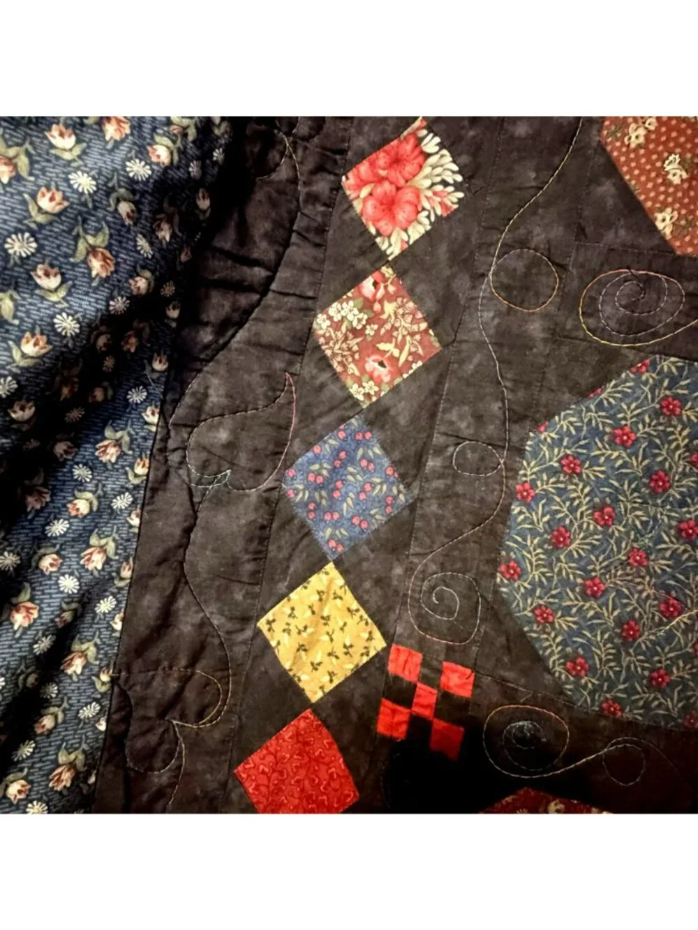 Handmade Patchwork Quilt 88x70 Snowball Floral Geometric Brown Red Blue Vintage